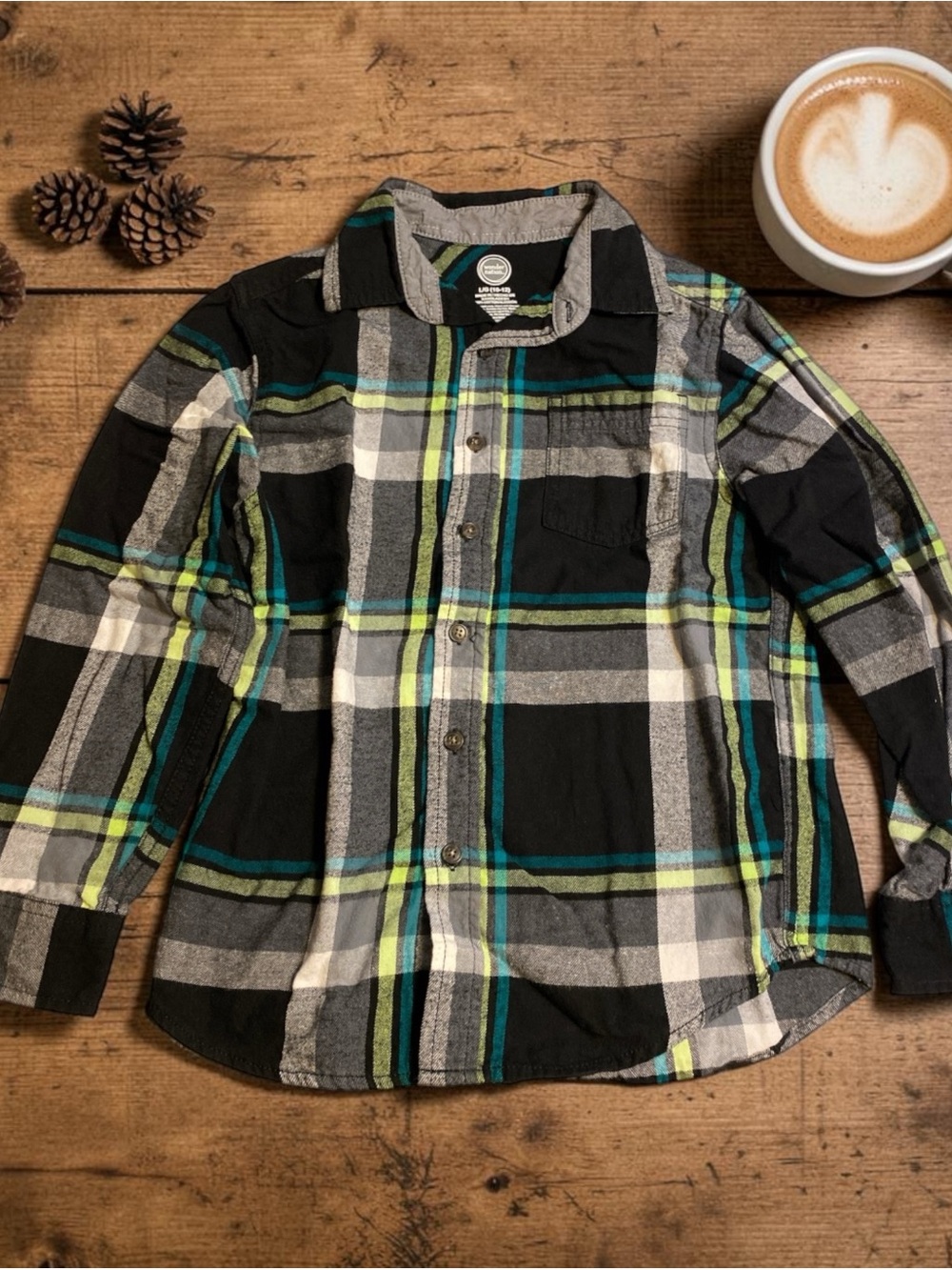 wonder nation Black, Gray & Teal Plaid Button-Down Flannel Shirt